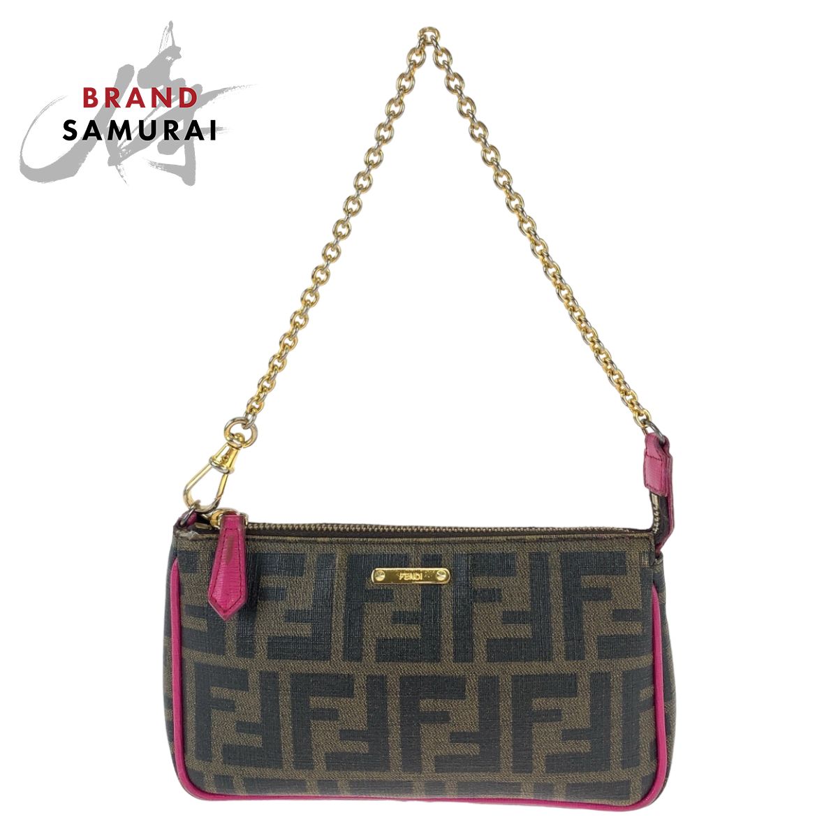 美品 FENDI フェンディ ズッカ柄 ブラウン ピンク ゴールド金具 レザー 