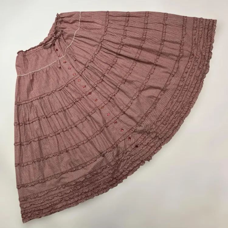 ピンクハウス 赤ギンガムチェック ピコフリル リボン使い スカート