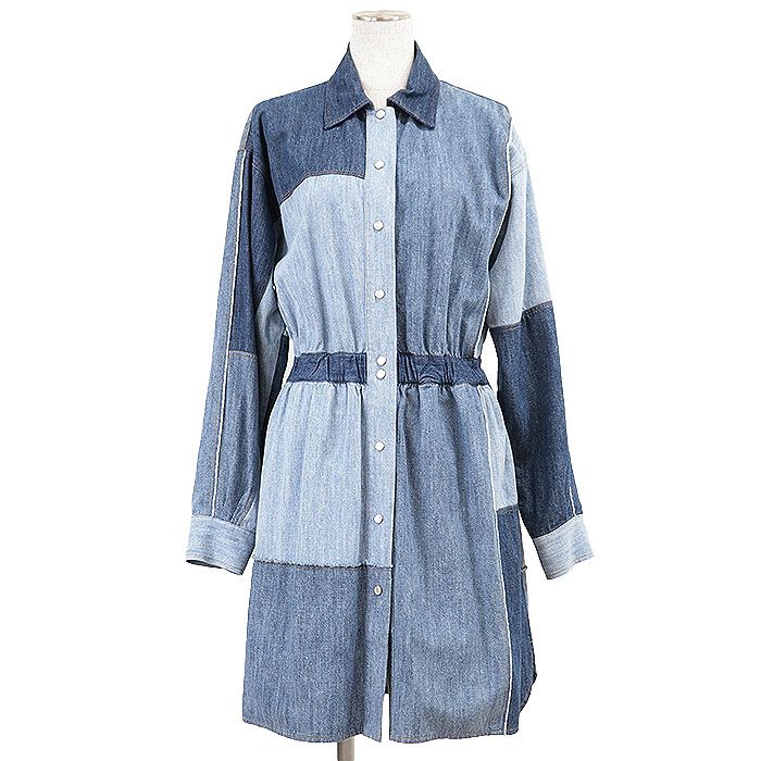 DOLCE-GABBANA ドルチェアンドガッバーナ デニムシャツワンピース パッチワーク ロゴ パッチ コットン ギャザー ドレス レディース サイズ 38 インディゴ 紺 イタリア製
