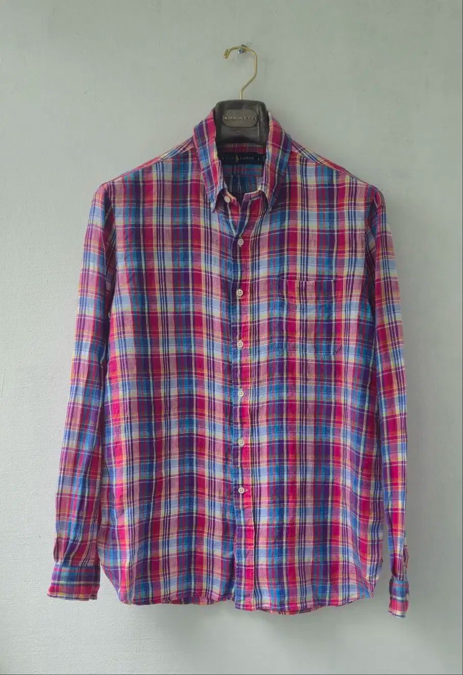 ポロ Ralph Lauren ラルフローレン ー レッド マドラスチェック チェック リネン シャツ L 105