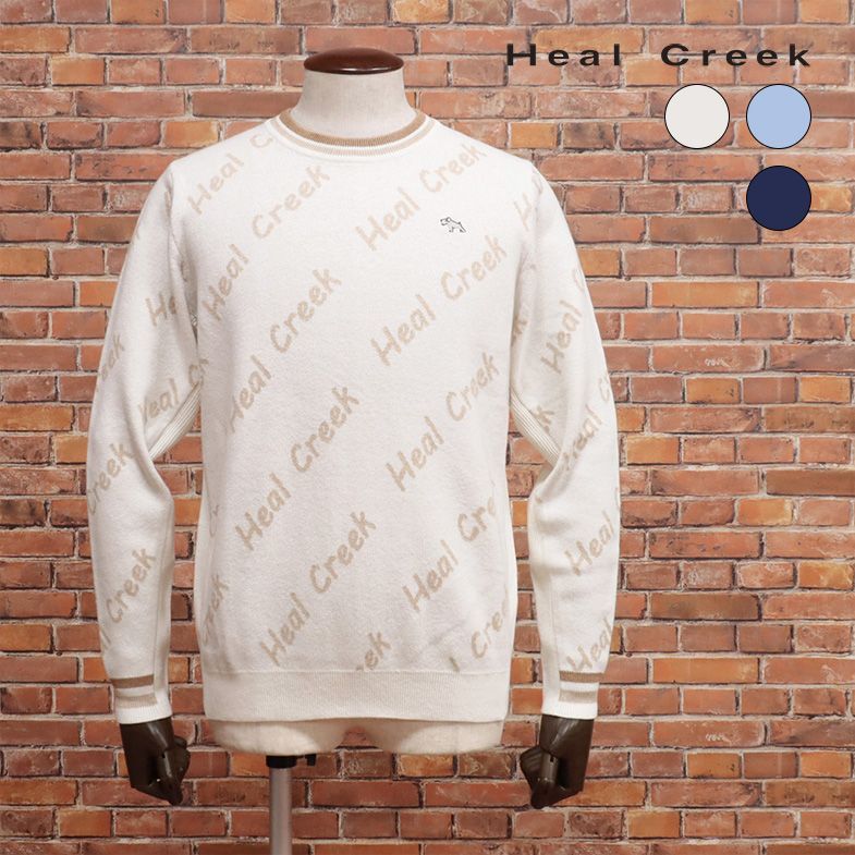 秋冬/Heal Creek/48(M)サイズ/丸首ニット カシミヤ混ハイゲージ ジャガード ロゴ 遊び心 かわいい ゴルフ 新品/白/ホワイト/jd159/