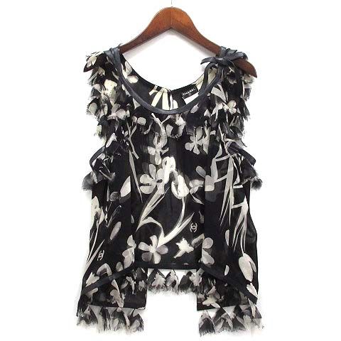 シャネル CHANEL シルク シフォン レザートリム ブラウス ノースリーブ  