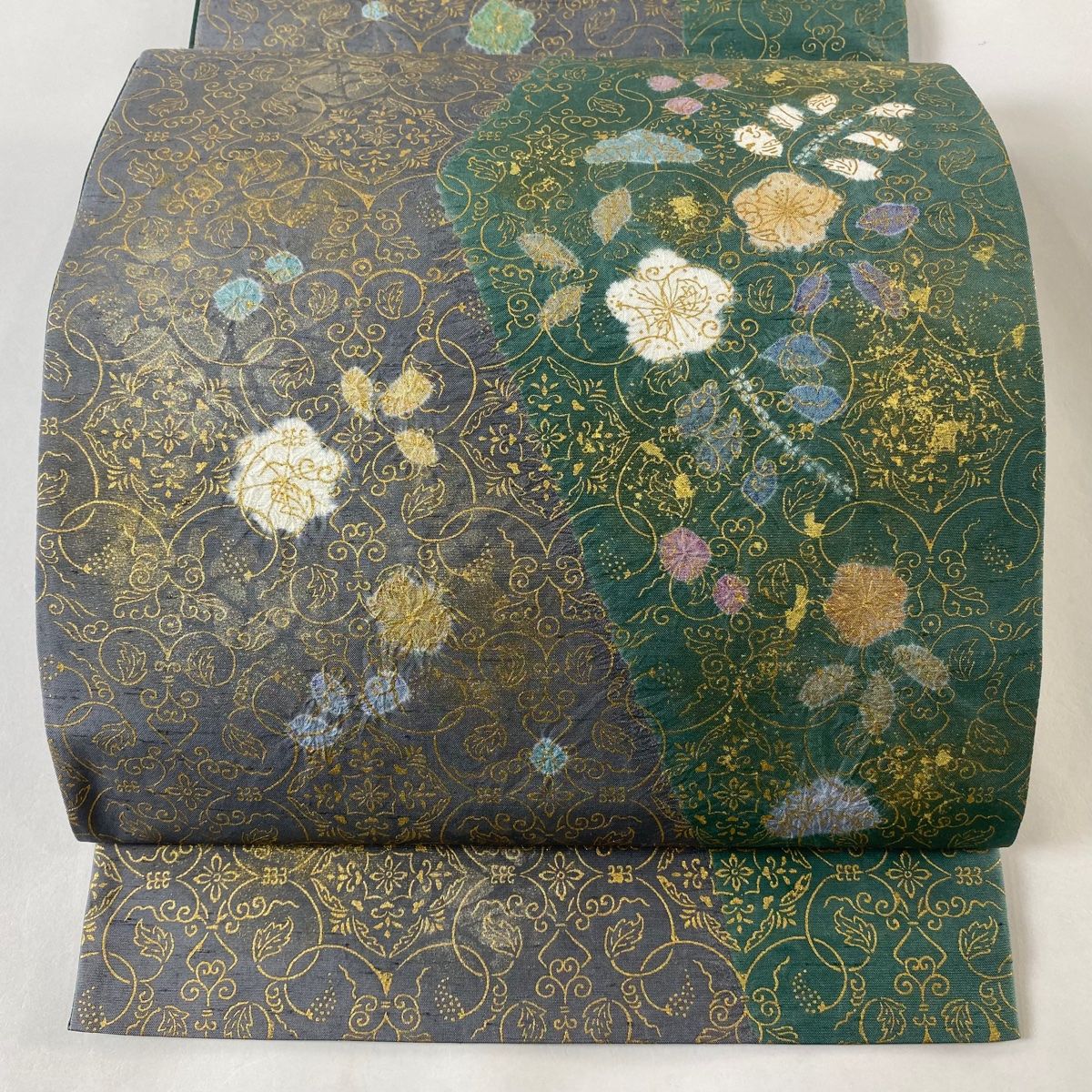 牛首紬　袋帯　逸品　超美品　紬　洒落袋帯　正絹　牛首証　落款 袋帯 美品 逸品 牛首紬地 よろけ縞 幾何学模様 金彩 赤茶 全通