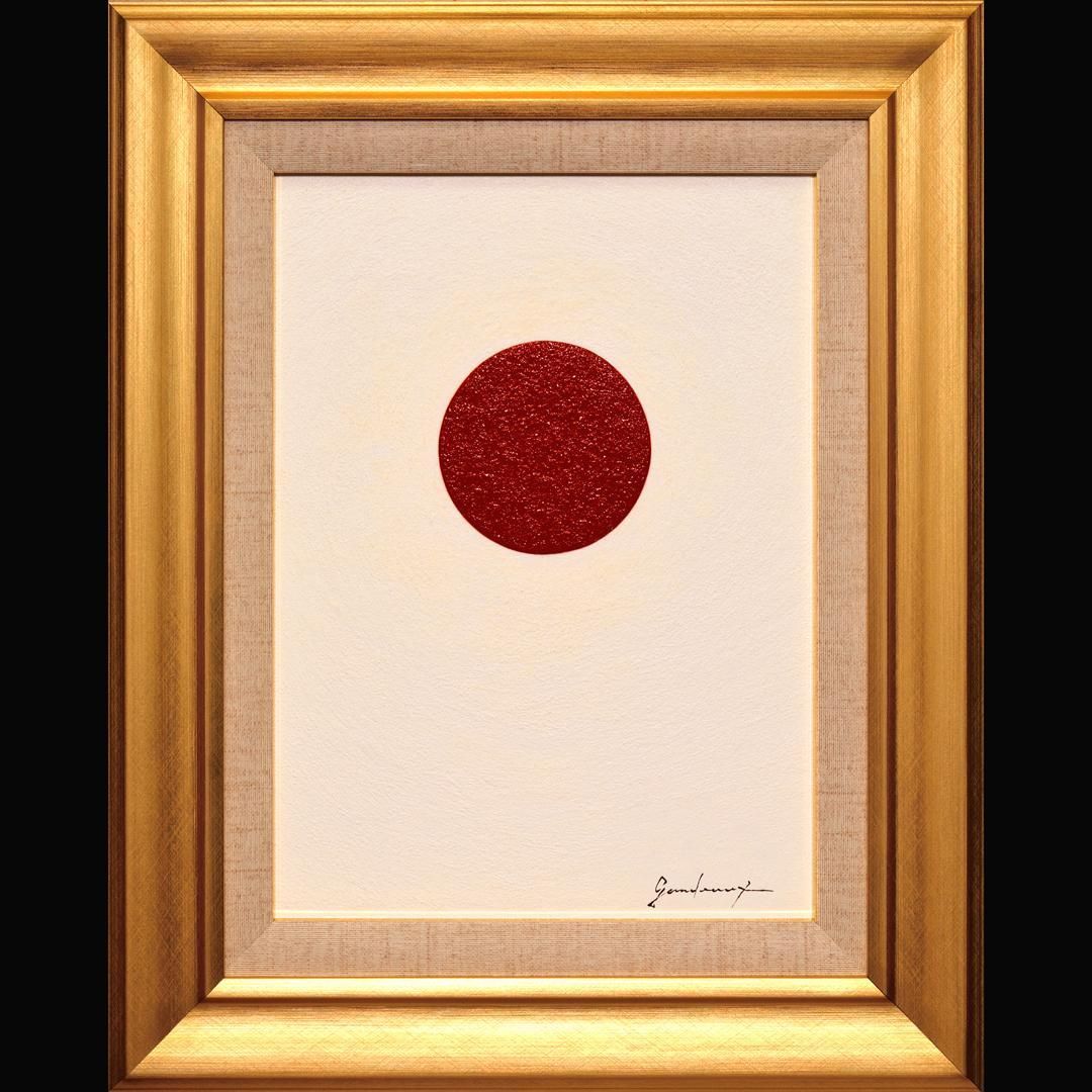 大理石粒の白に際立つ太陽●がんどうあつし油絵画F4号額縁付●赤日の丸日本 作者直接出品アトリエ山梨発送○大理石粒の白に際立つ太陽○がん