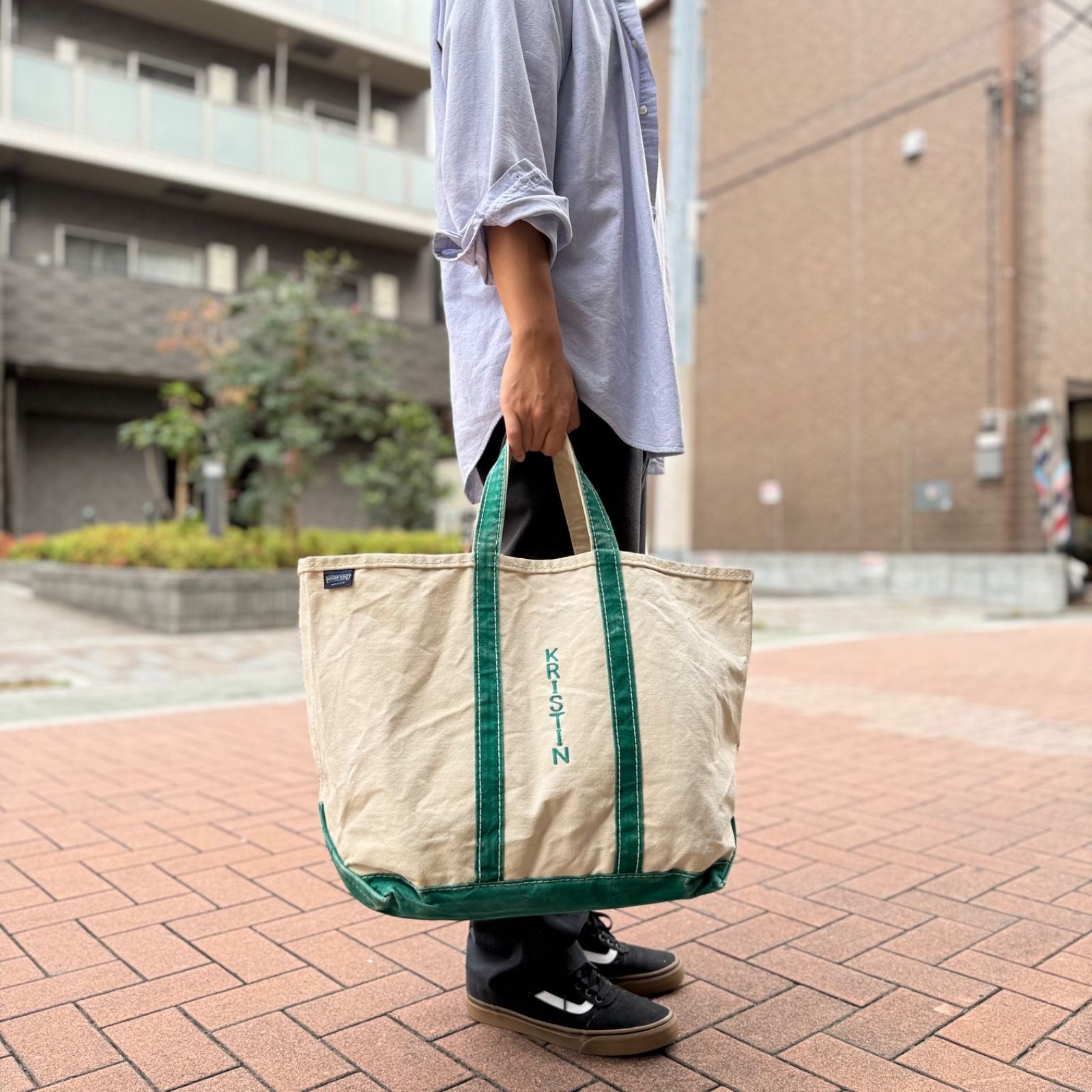 80s LANDS'END トートバッグ USA製 キャンバス 80s USA製 LANDS'ENDランズエンド 耳付き キャンバス トートバッグ 緑
