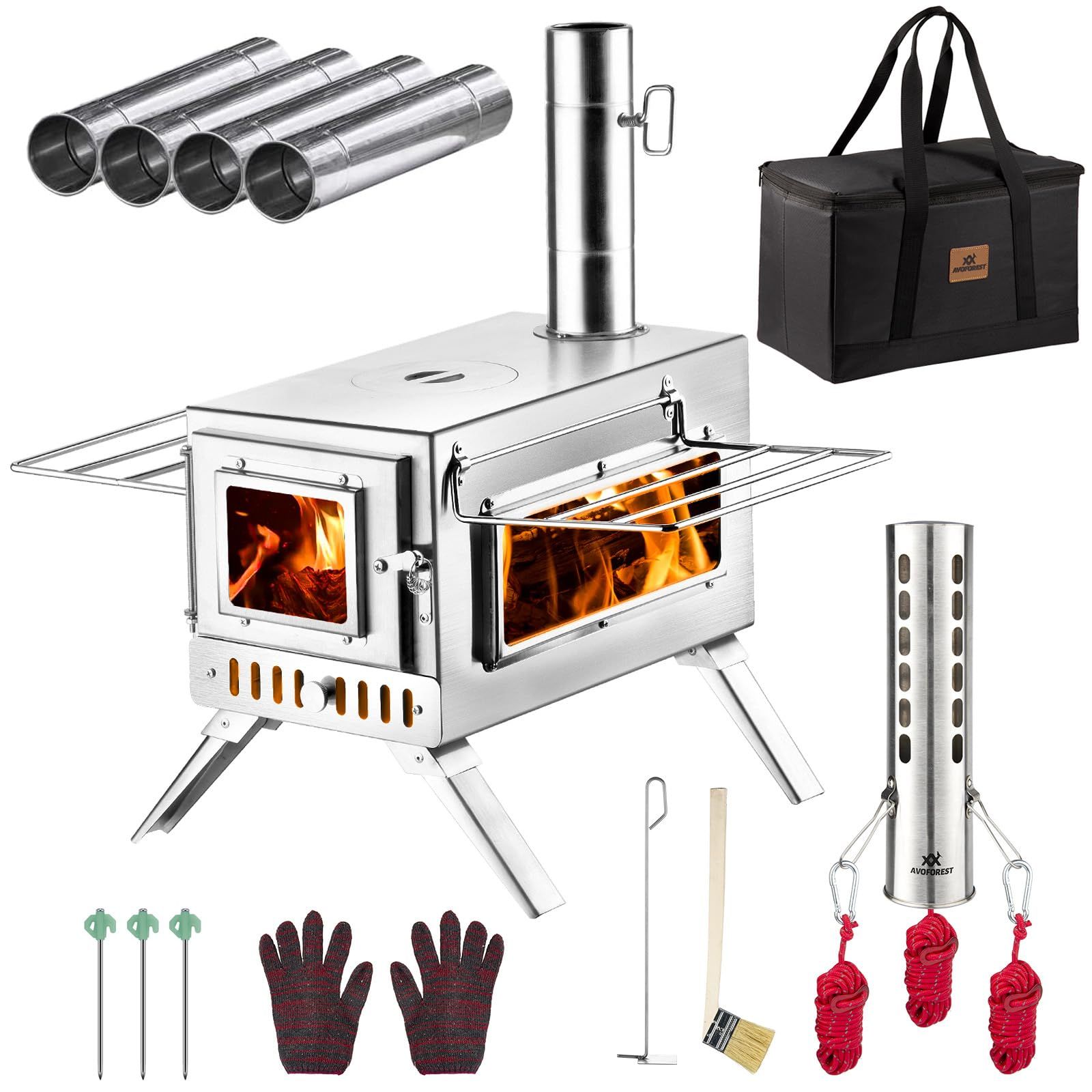 薪ストーブ AVOFOREST 折り畳み式 キャンプ用ストーブ ステンレス製 2面の耐熱ガラス グリッド棚 煙突 スパークアレスター付き コンパクト収納 収納袋付き テント調理 バーベキュー BBQ 焚き火 暖炉 キャンプヒーター テント用