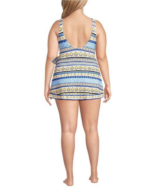 ランズエンド レディース ワンピース トップス Women s Side Tie Mini Swim Dress Swimsuit White mosaic stripe border