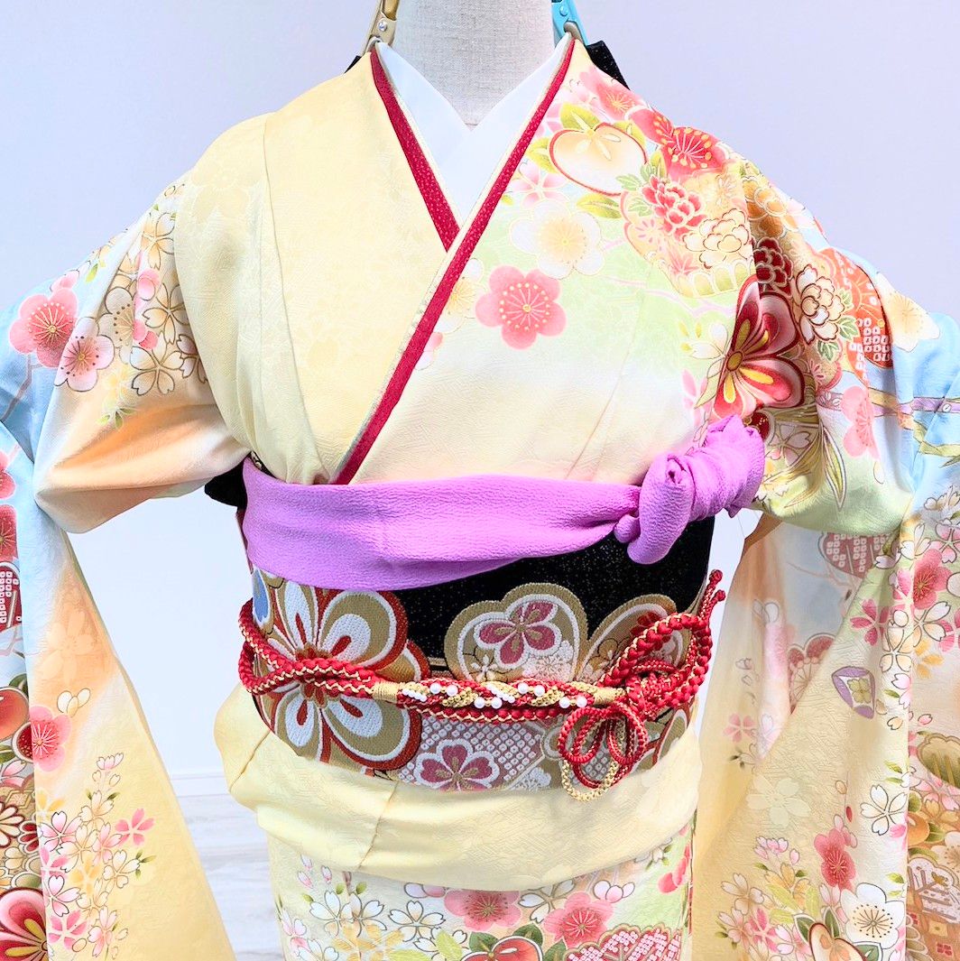 新品・一式セット】振袖 未使用 黄色 クリーム 水色 桜 成人式 F18 
