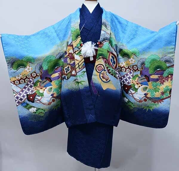 七五三 五歳 男児 羽織・着物・襦袢3点セット 綸子地 金刺繍 青地×紺 鷹 5歳 五才 5才 男の子 祝着 NO40393-1 - メルカリ