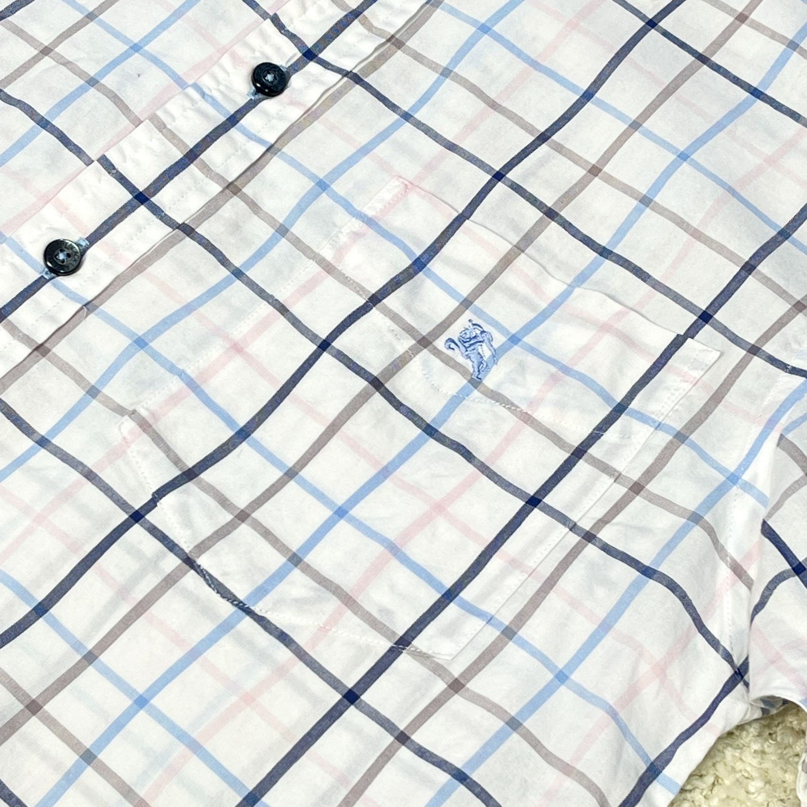 ★BURBERRY BLACK LABEL★2 (Mサイズ相当) 半袖 シャツ バーバリー ブラックレーベル メンズ 白 ホワイト チェック 刺繍ロゴ Yシャツ 綿100%