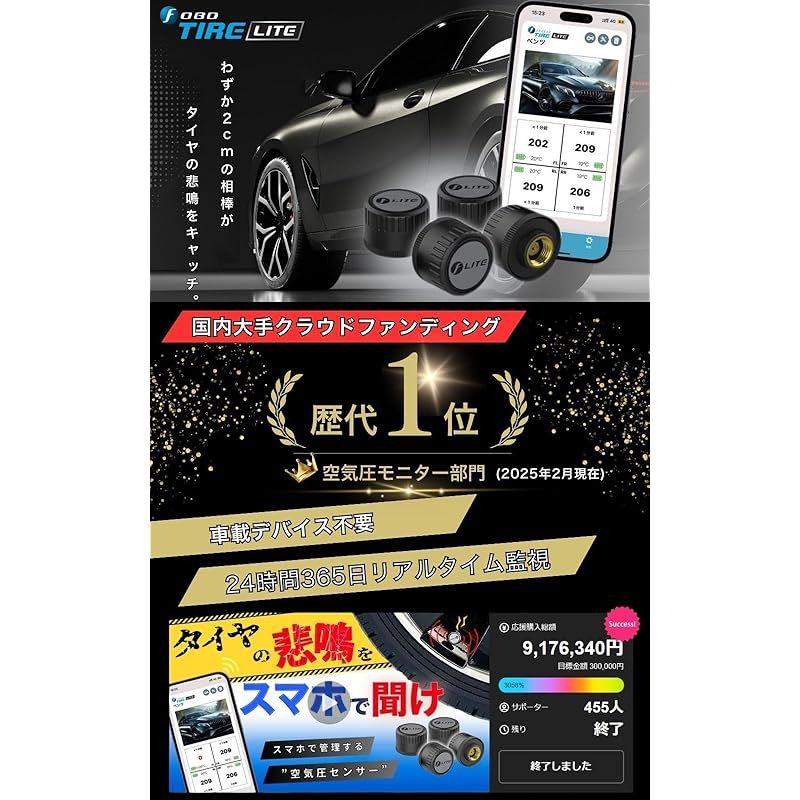 FOBO TIRE LITE 空気圧センサー タイヤ空気圧監視システム 取付簡単 スマホでチェック 車 防水 技適取得 日本語説明書付属