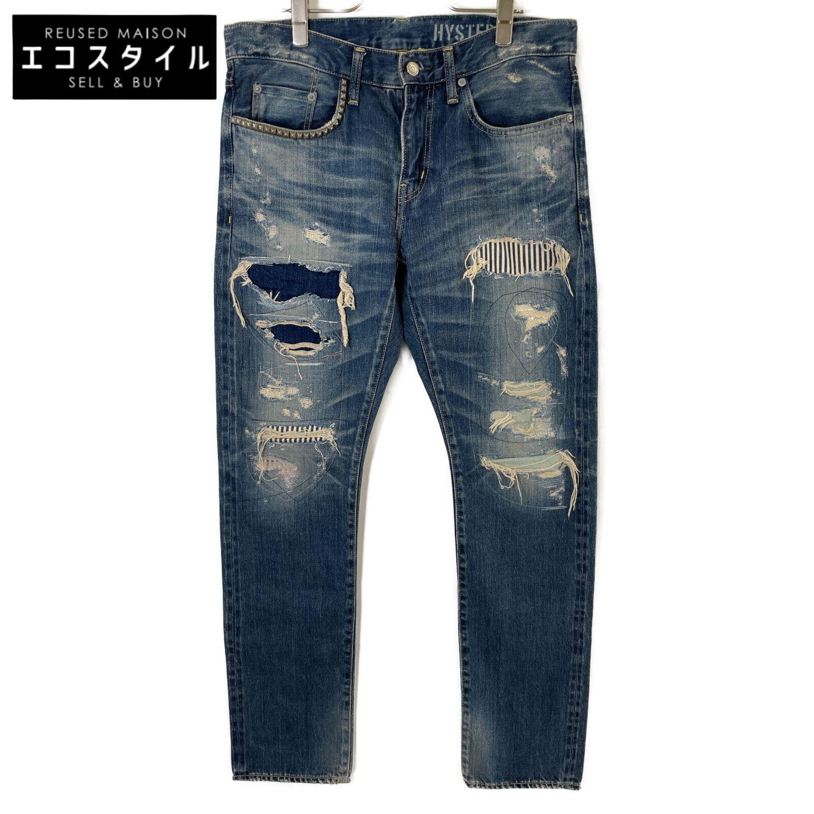 HYSTERIC GLAMOUR ヒステリックグラマー 02191AP19 ﾗｲﾄｲﾝﾃﾞｨｺﾞﾌﾞﾙｰ ｽﾀｯｽﾞﾎﾟｹｯﾄ ｼﾞｯﾌﾟﾌﾗｲ RSM加工 ﾃﾞﾆﾑｽﾘﾑｽﾄﾚｰﾄﾊﾟﾝﾂ W32L32