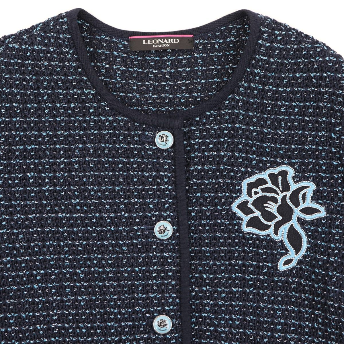 レオナールジャケット42美品 美品 レオナール ラメニット ノーカラージャケット レディース