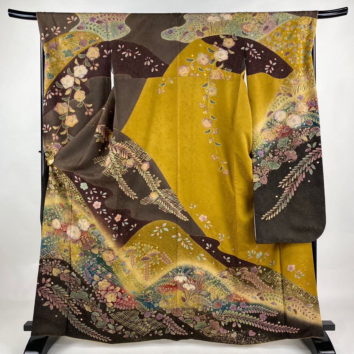振袖 身丈163cm 裄丈68cm L 袷 辻ヶ花柄 金通し 金彩 焦茶色 正絹 美品  