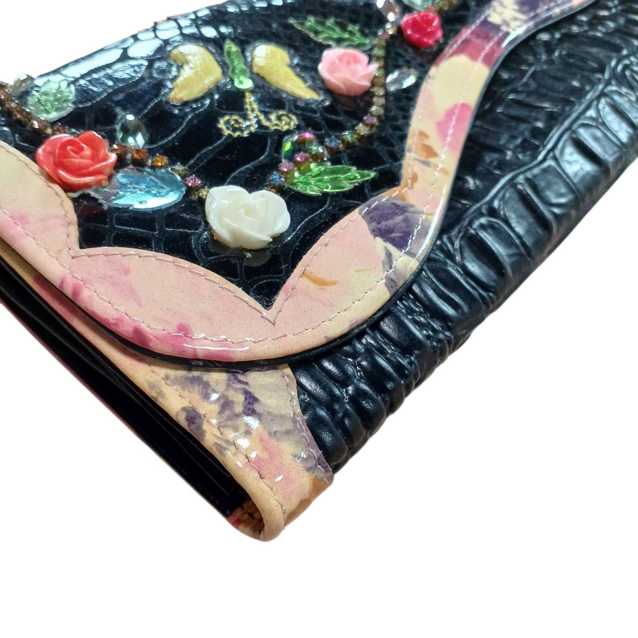 美品✨ MICHEL ANGELO 長財布 ビジュー 刺繍 型押し 多目的 N1273】MICHELANGELO ミケランジェロ 長財布 ビジュー 刺繍 型