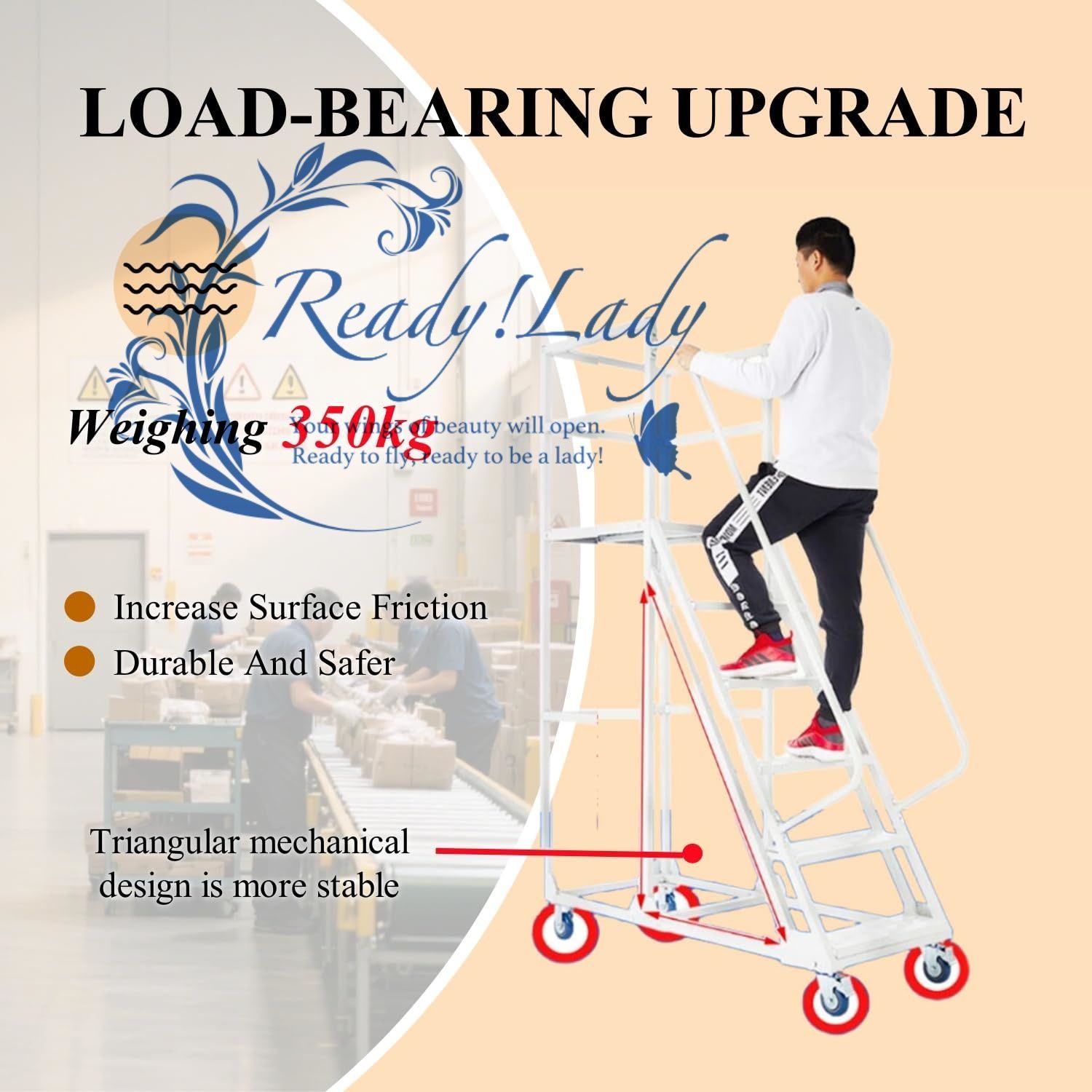 頑丈なスチール製キャスター付きはしご