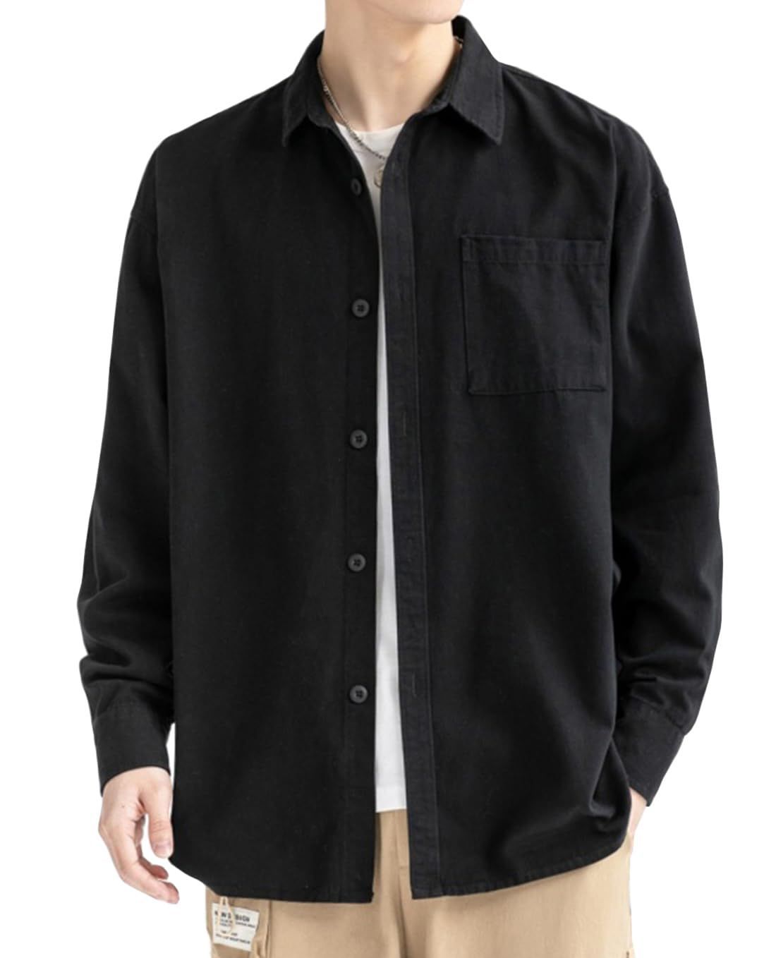 Size:M_Color:ブラック [OKJCON] シャツ メンズ 長袖 秋 綿 無地
