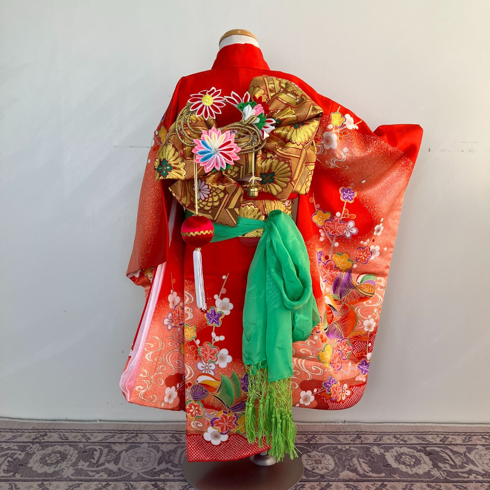 七五三 3歳女の子着物 赤色 金帯 長襦袢 帯セット 帯揚げ 帯締め