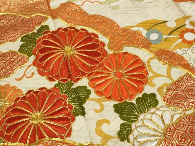 豪華 牡丹の花模様 金駒刺繍 刺繍 金彩 白 紫 袷 正絹 振袖 着物 14 黒留袖 金駒刺繍 正倉院花文 金彩 正絹 袷 裄65 IS956