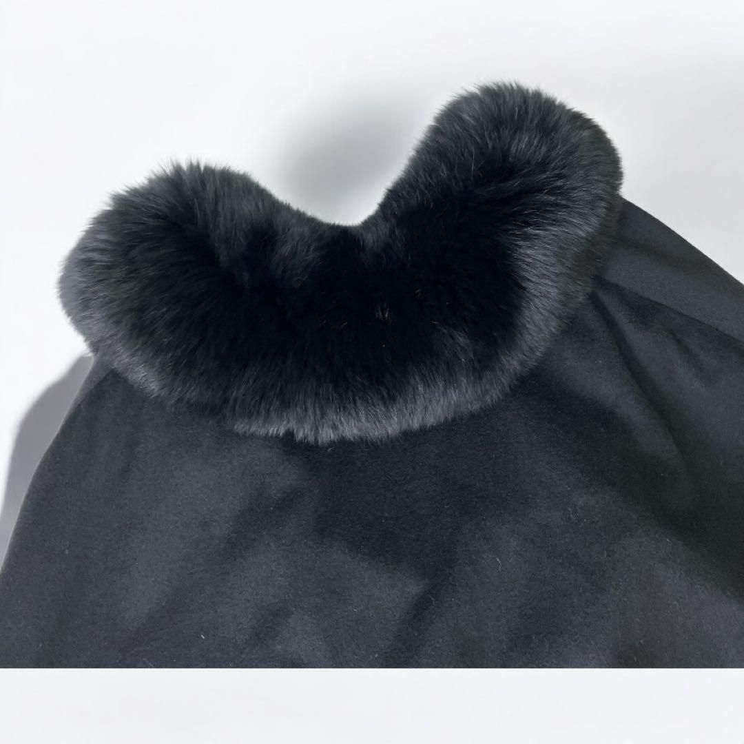 カシミア100% フォックスファー 毛皮 ケープ ポンチョ マント 黒 M
