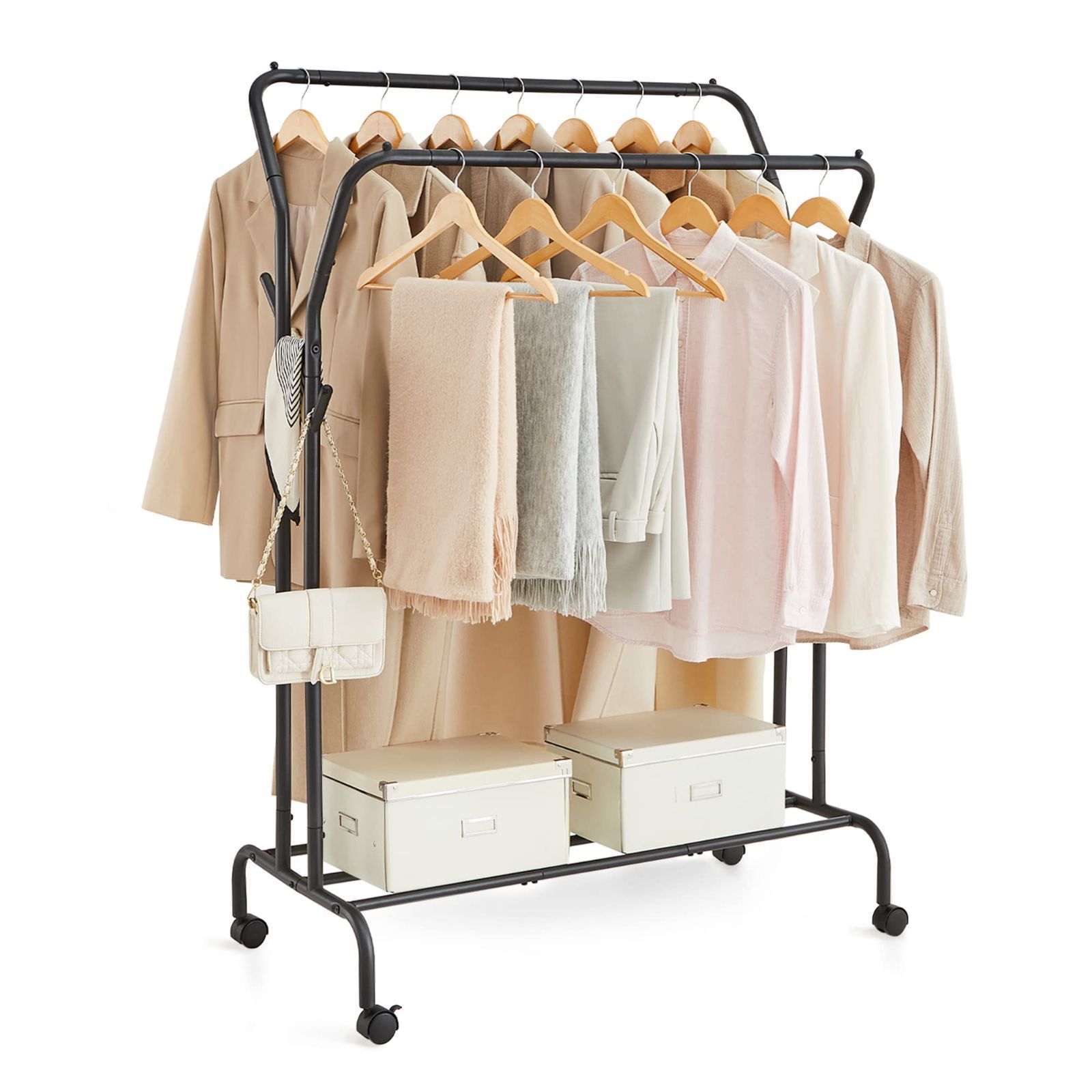 Color ブラック_Style 前後2段式 SONGMICS ハンガーラック 2段 頑丈 衣装ラック 洋服 コード掛けパイプハンガー 棚 キャスター付き 幅103.5cm 衣類収納 安定性 移動しやすい ちょうどいいサイズ 室内物干し ブラック HSR107
