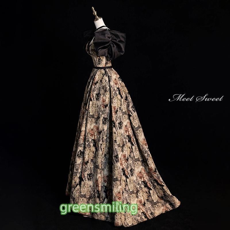 カラードレス ロングドレス 花柄 袖付き 黒 Aラインドレス 結婚式