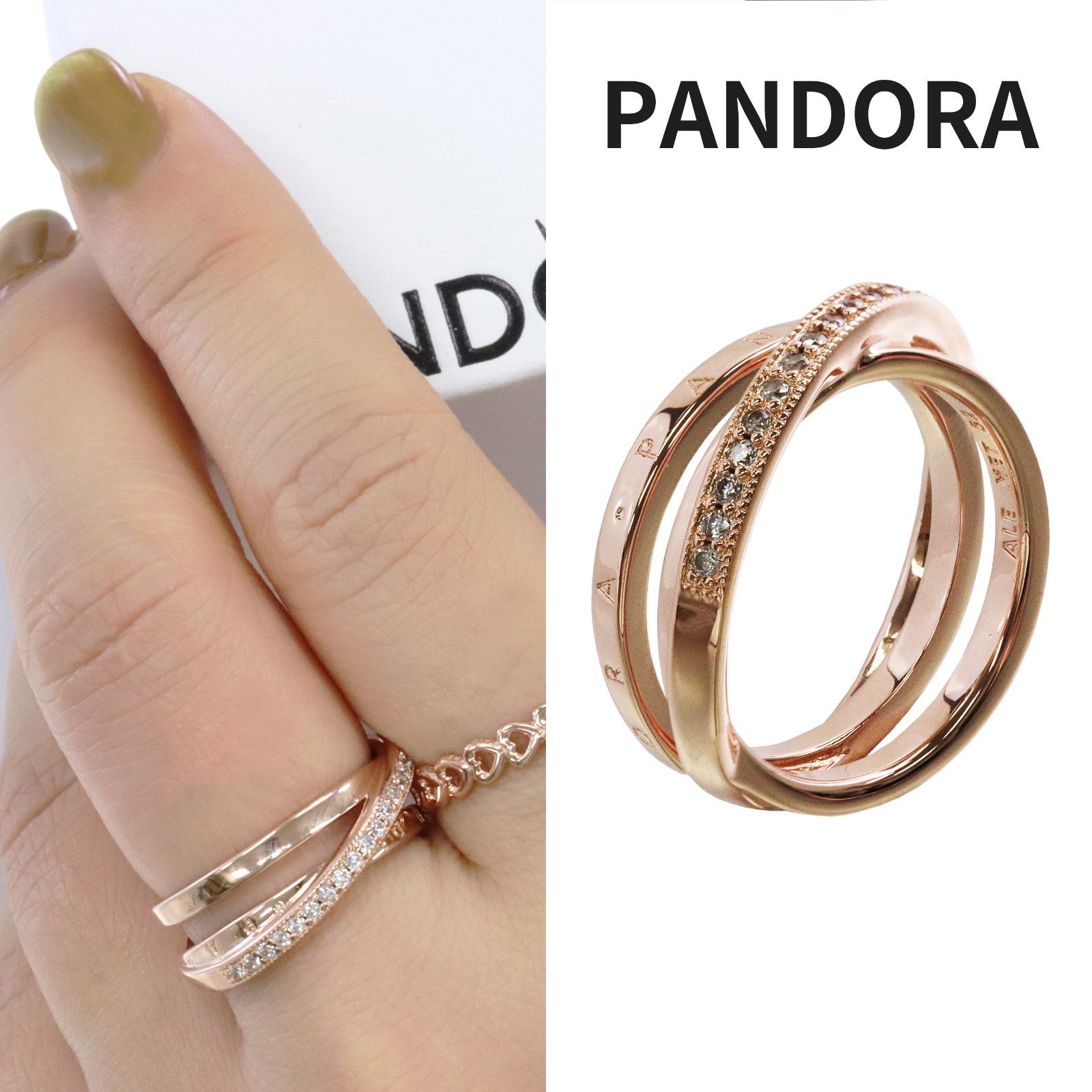 ☆【新品・正規品】ボックス・ショッパー付 PANDORA(パンドラ) ★クロスオーバー パヴェ トリプル リング ローズゴールド★ 14金 カスタマイズアクセ ブレスレット ブランド アクセサリー