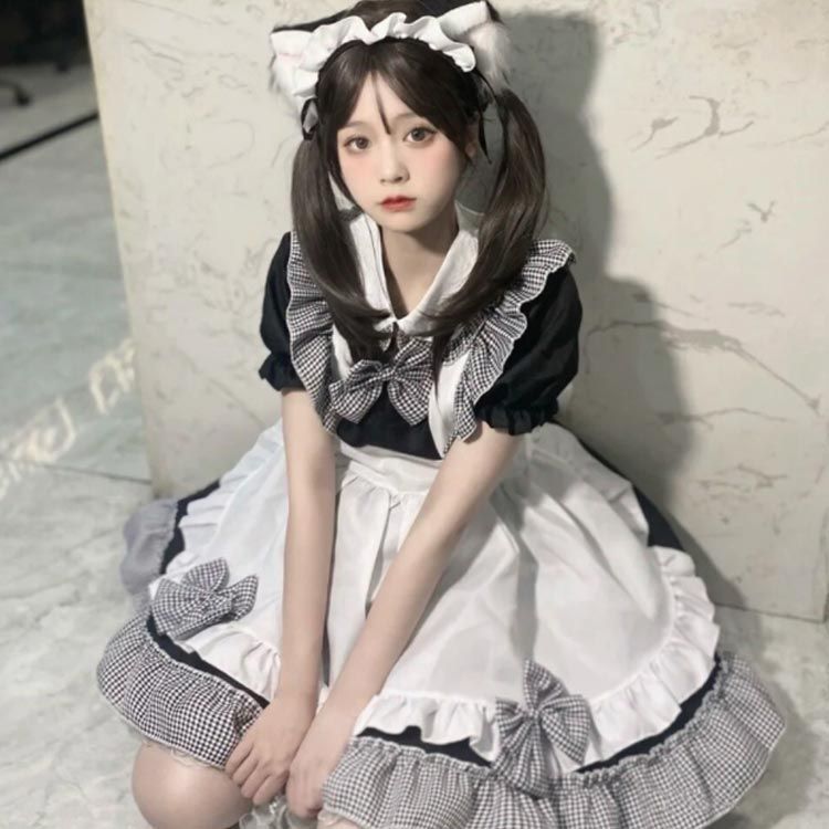 メイド服 エプロン カチューシャ 6点セット コスチューム メイド リポン かわいい 衣装 フルセット 仮装 チェック柄 ワンピース 半袖 レディース 可愛い 男ウケ セクシー ミニ丈 メイドカフェ衣#yskma603167