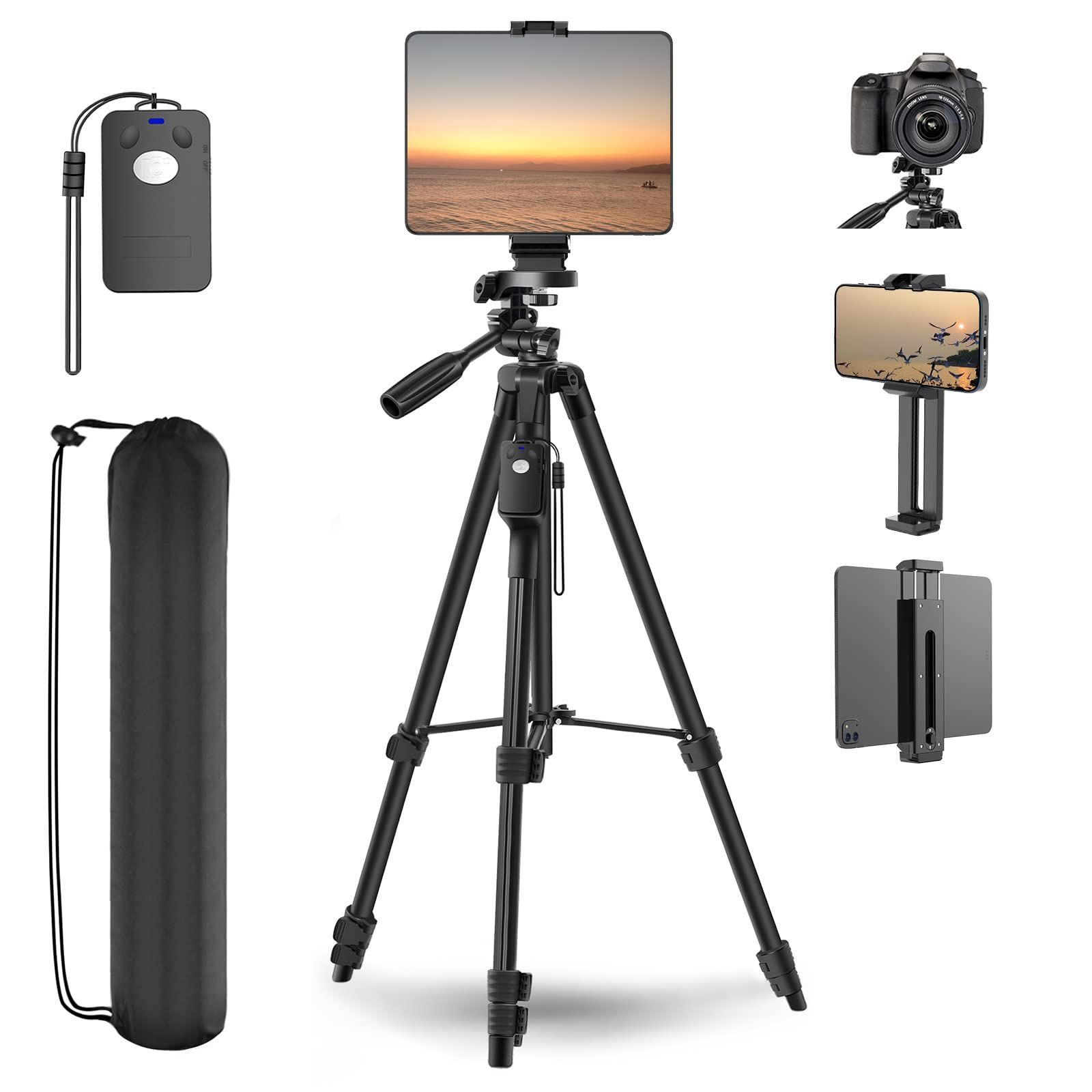 スマートフォン 三脚 タブレット タブレット ビデオカメラ用三脚 三脚 tripod 三脚 リモコン付き 三脚 収納袋付き 2in1ホルダー付き 持ち運び便利 床置き 5段階伸縮 軽量 スタンド 3WAY雲台 タブ