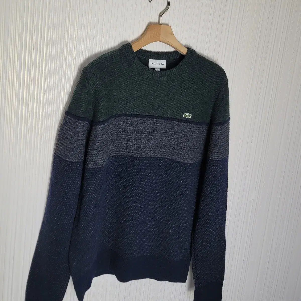 95_ LACOSTE(ラコステ) ウール ニット セーター 4 度 カラーブロック ディープグリーンネイビー プルオーバー