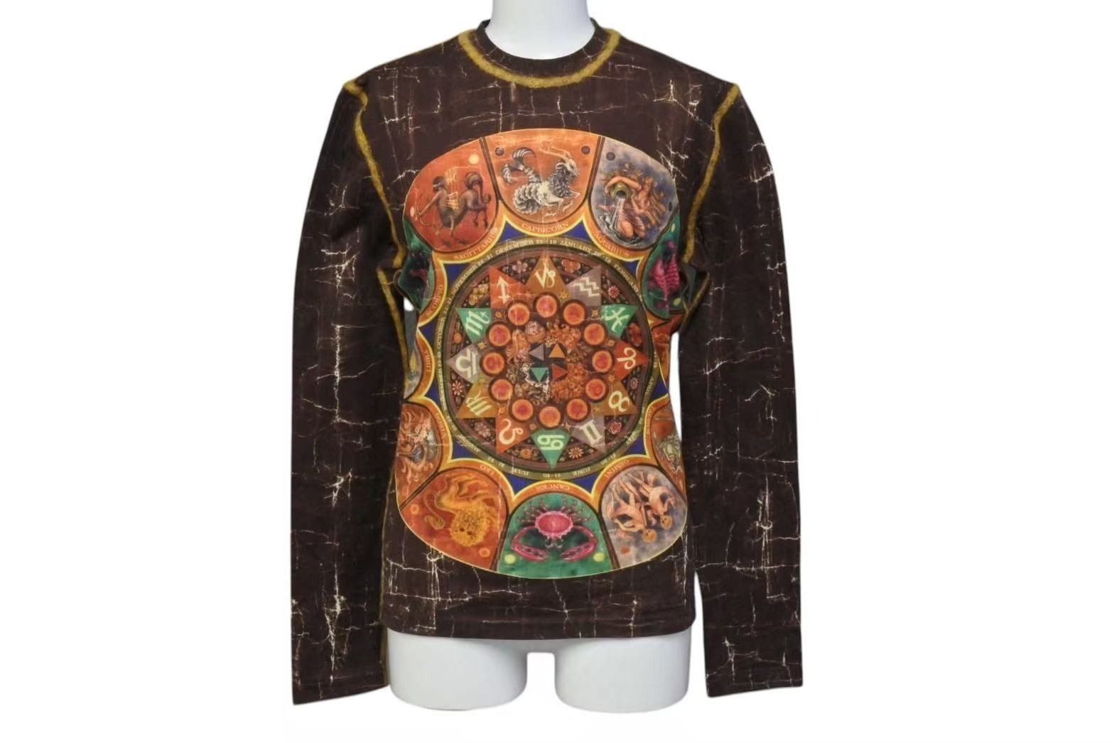 JEAN PAUL GAULTIER CLASSIQUE ジャンポールゴルチエ パワーネット シアートップス 12星座プリント柄 サイズ48 ブラウン 4b000538