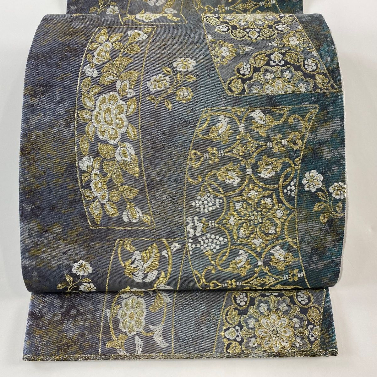 袋帯 秀品 短冊 華文 金糸 箔 青灰色 六通 正絹