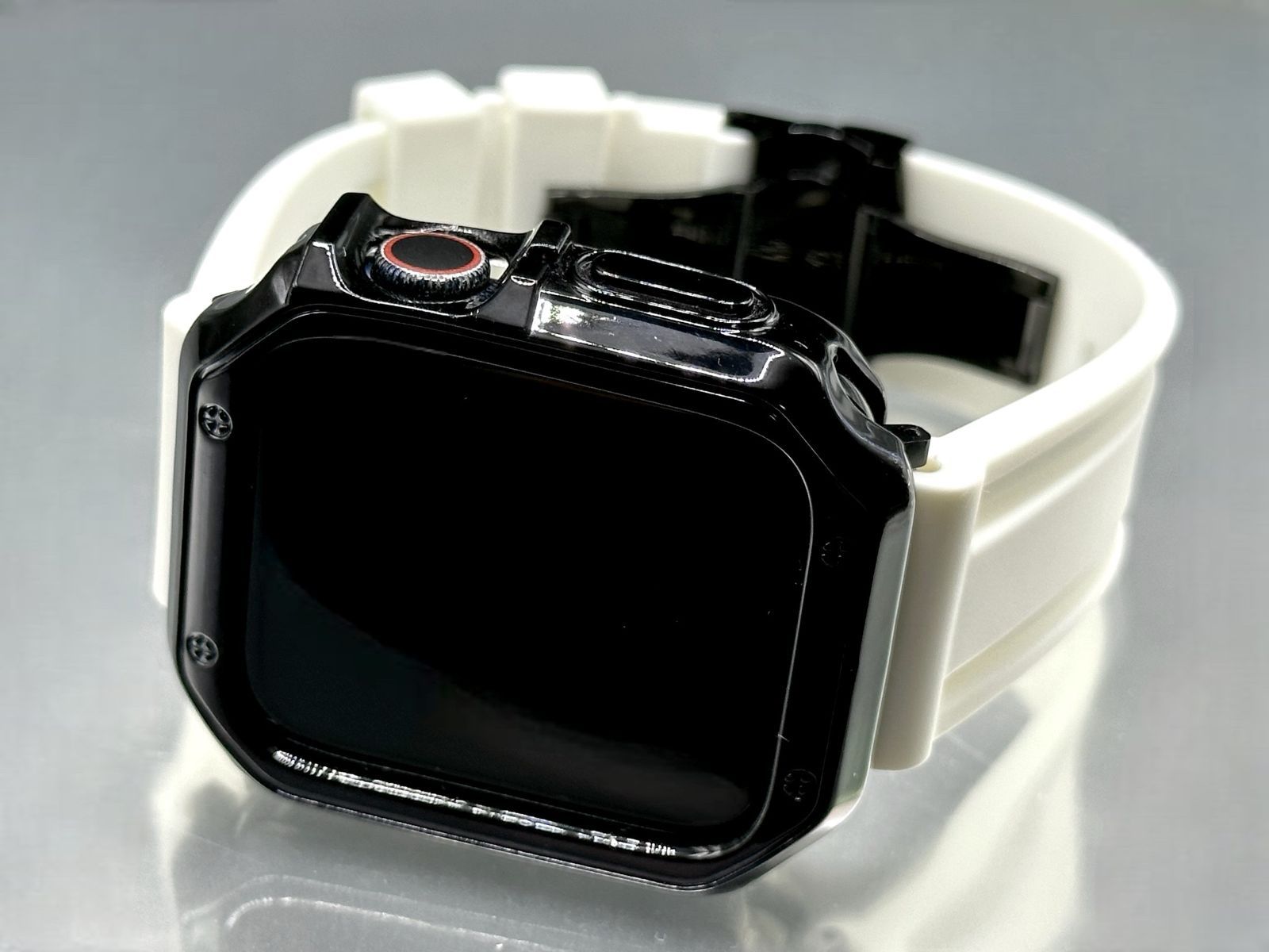 Apple Watch カスタム ラバーバンド アップルウォッチカバー ケース ベルト TPUセット ブラック-ホワイト