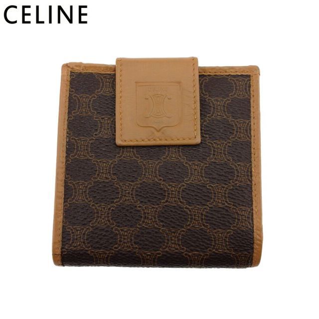 CELINE セリーヌ 二つ折り財布 マカダム 美品 ロゴ ブラウン コンパクト セリーヌ CELINE 財布 二つ折り マカダム コンパクト ダーク