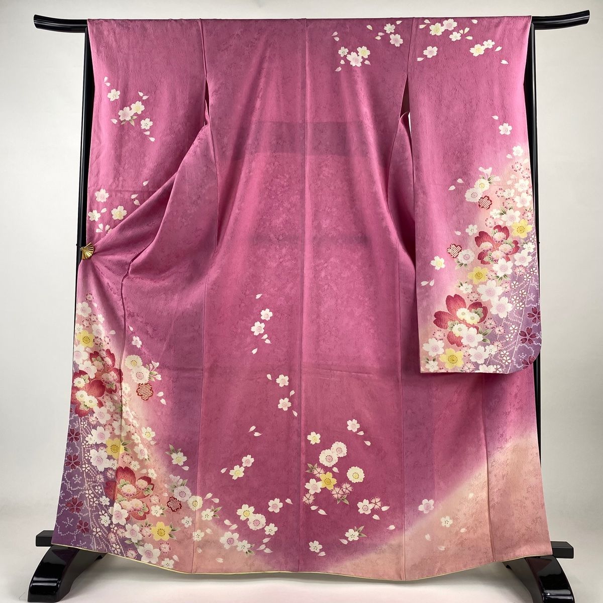 振袖 身丈165.5cm 裄丈65.5cm M 袷 桜 菊 金彩 ぼかし ピンク 正絹 名品 【】