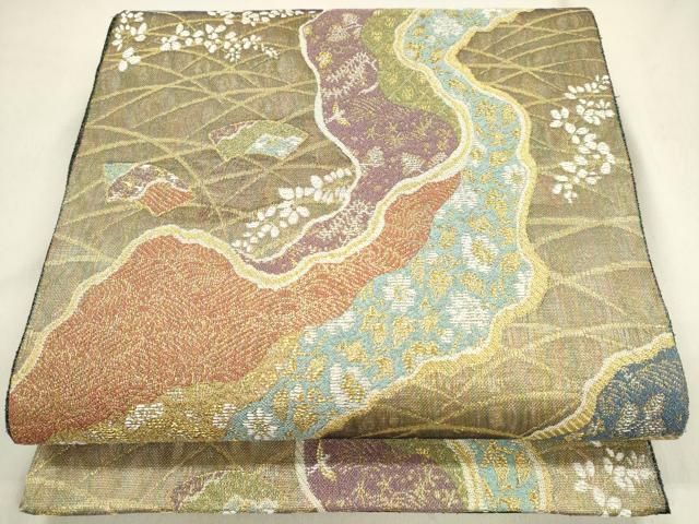 平和屋着物◎西陣 服部織物謹製 六通柄袋帯 唐織 牡丹 白鳥緞子 金銀糸