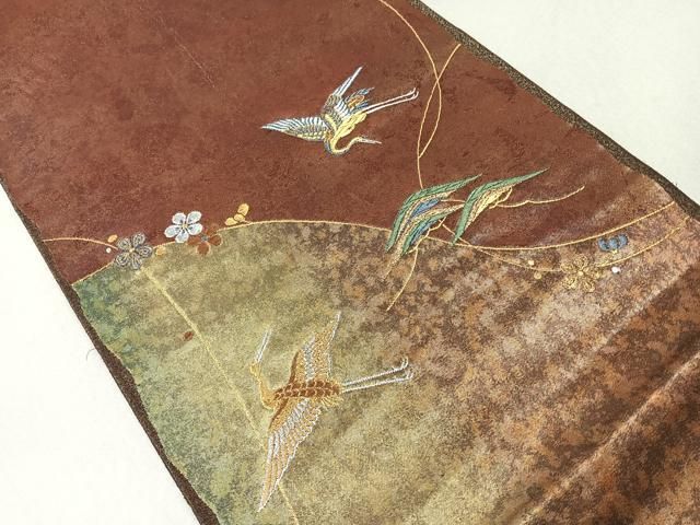 平和屋着物◎西陣 高島織物謹製 六通柄袋帯 飛鶴花文 青銅箔 金