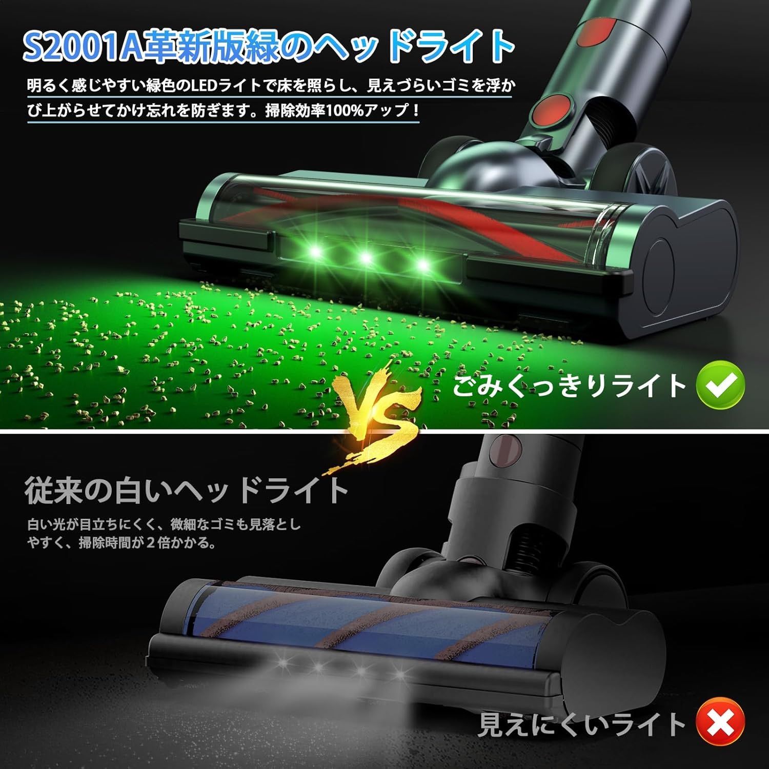 8月新登場 革新版グリーンLEDライト付＆50Kpa強力吸引＆業界初65分連続稼働＆自立式