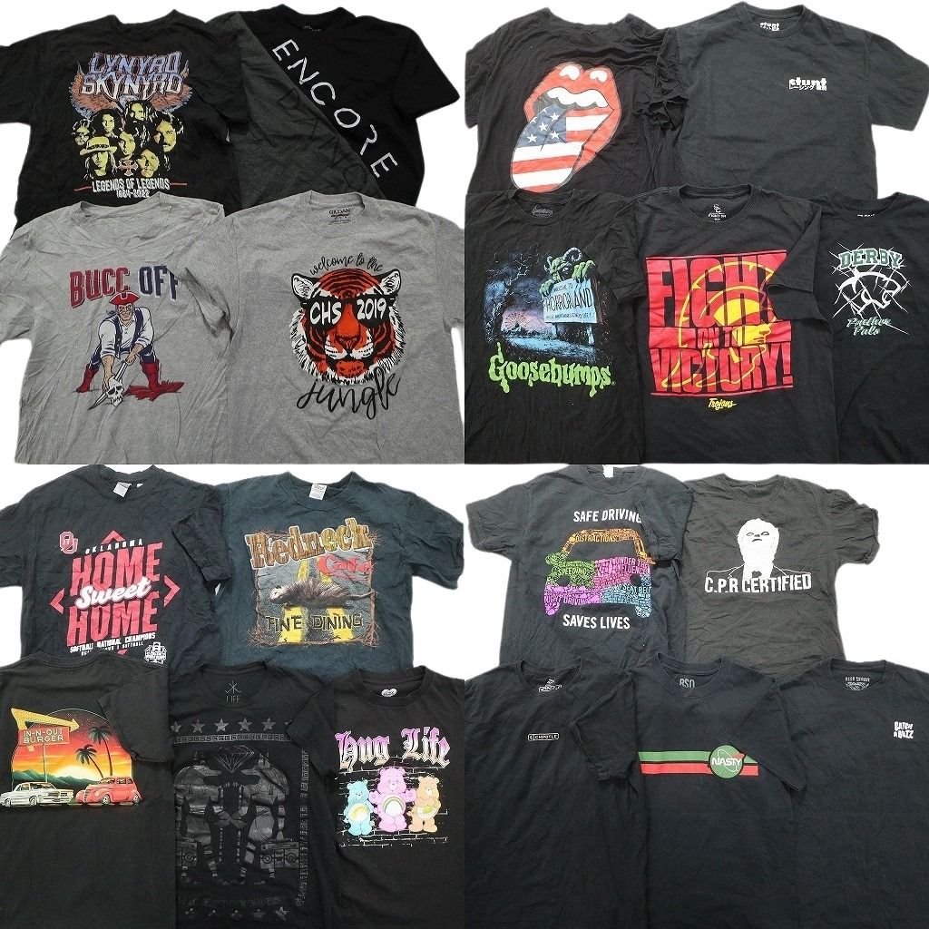 古着卸 まとめ売り 黒・グレー ボディ プリント 半袖Tシャツ 19枚セット (メンズ Ⅿ ) アニマル キャラクター イラスト ロゴ MS4762