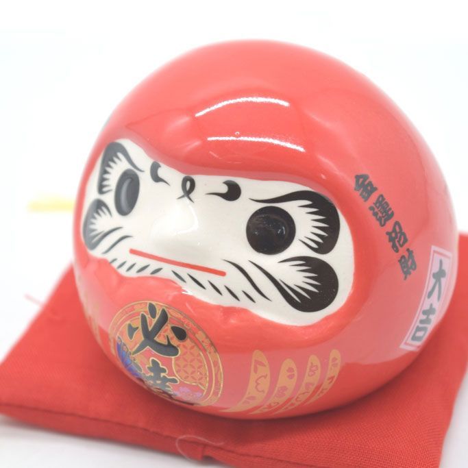 日本　達磨　陶器製 達磨 ダルマ 貯金箱 座布団付き 陶器製置物 大願成就 フルカラー