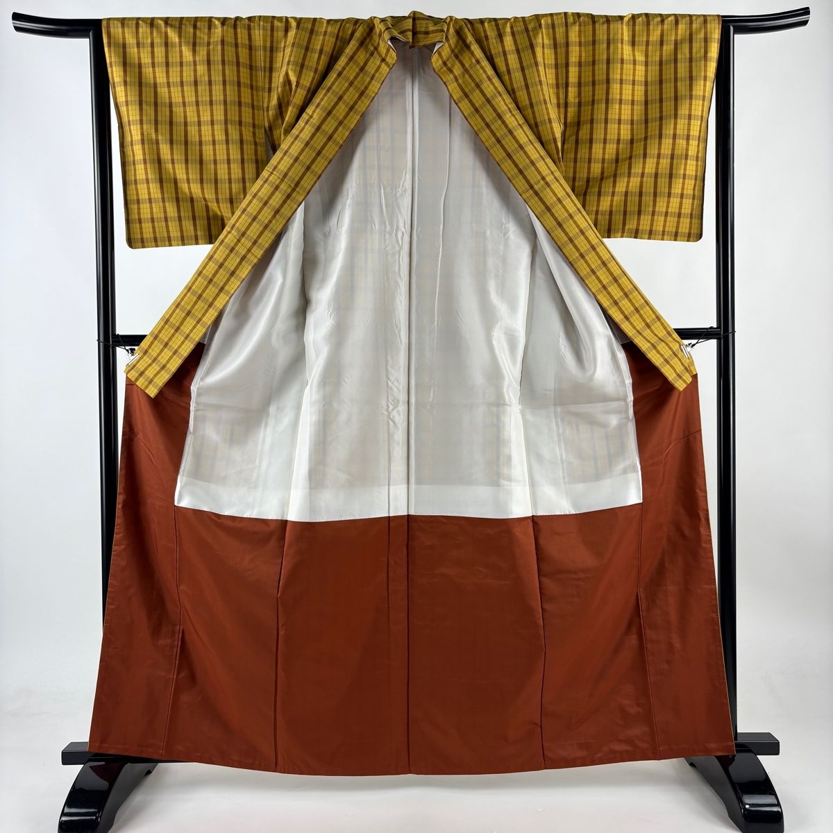 紬 身丈162.5cm 裄丈64.5cm M 袷 格子 山吹色 正絹 美品 名品
