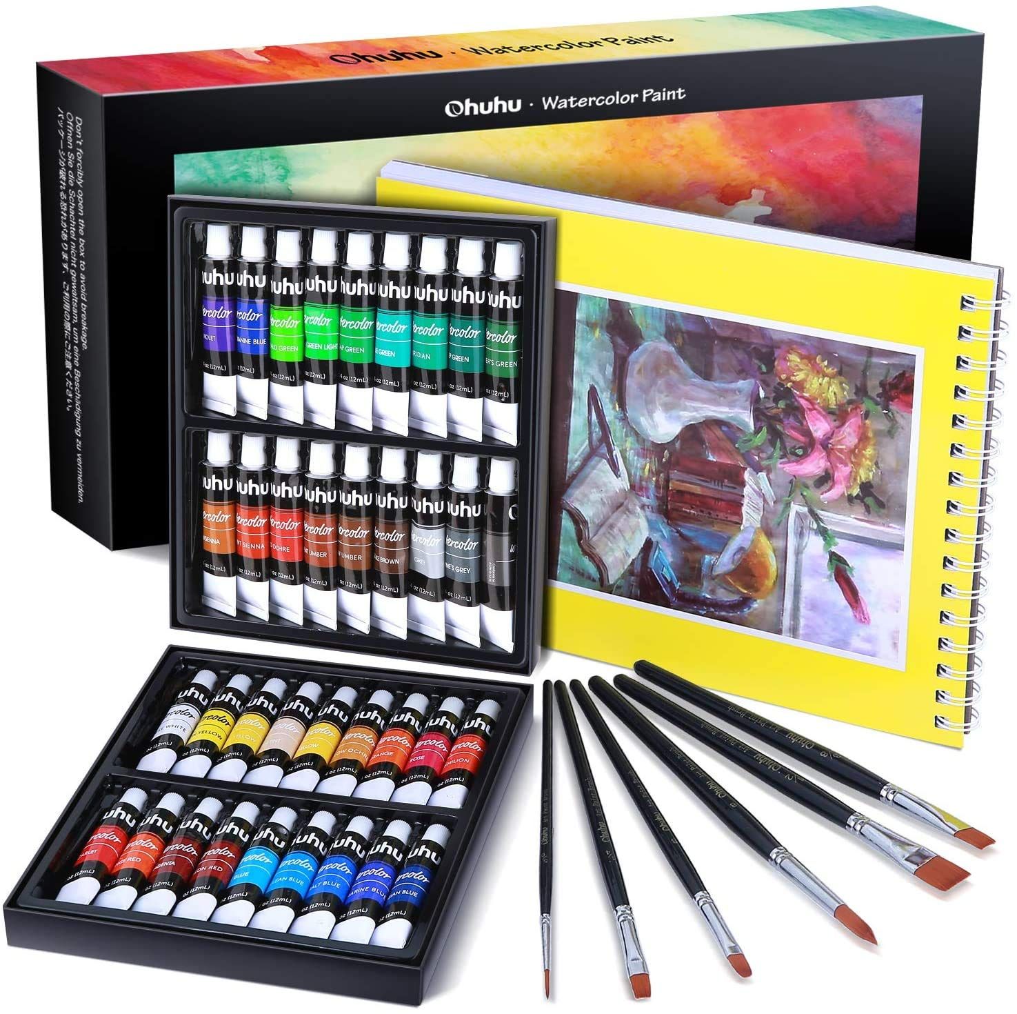 数量限定】Ohuhu 水彩絵の具セット 36色 6本水彩筆 絵の具 絵具