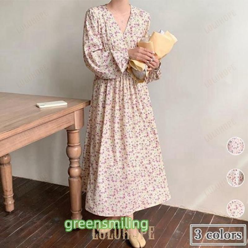 春 夏 ワンピース ロング丈 花柄 シフォンワンピース 春 長袖ワンピース Vネック ロングワンピ マキシ丈 レトロ 花柄シフォンワン