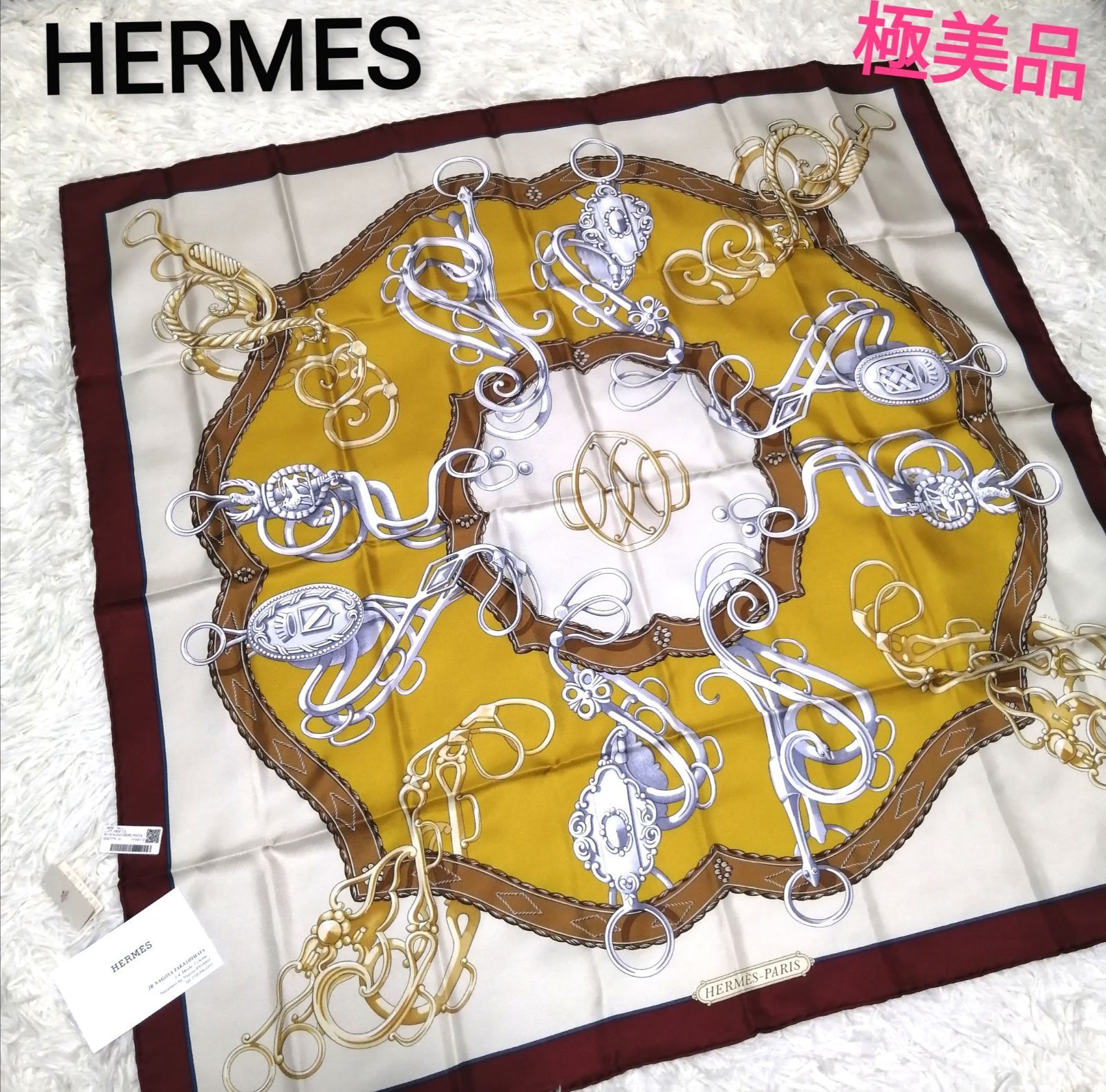 極美品 HERMES エルメス プリーツ スカーフ カレ 花柄 シルク100%うみエルメス