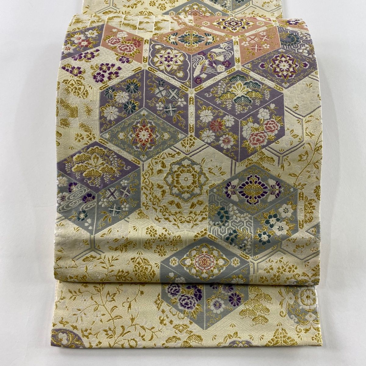 袋帯 秀品 皇帝貝紫 至宝絵図 金糸 クリーム 六通 正絹