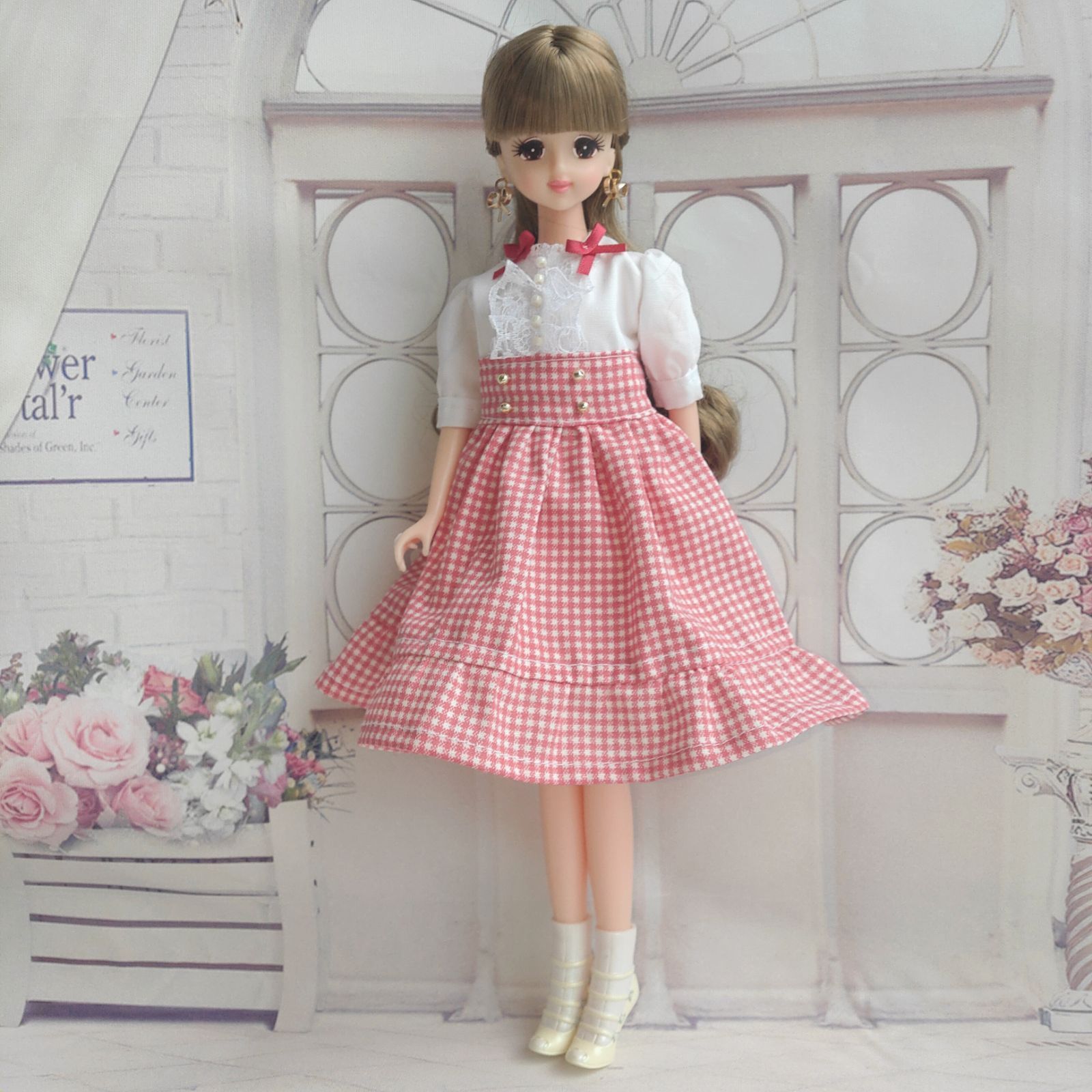 あき　りかちゃんジェニー服　ヴィクトリアン桜+薔薇&テディベアチェック柄 3月新作》リカちゃん服ジェニーちゃん服097 - メルカリ