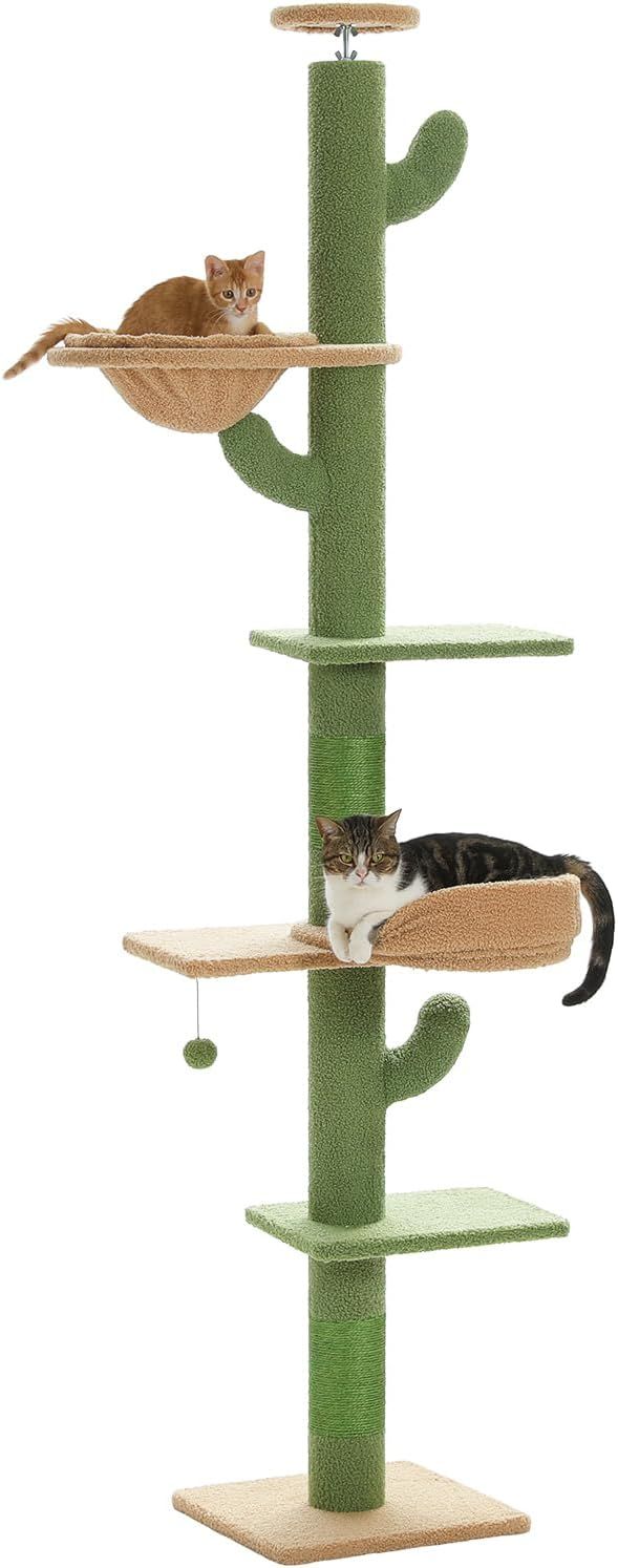PETEPELA ぺテぺラ キャットタワー 突っ張り スリム 太支柱10.2cm サボテン 爪研ぎ つっぱり 宇宙船付け 多頭飼い ハンモック つめとぎ 省スペース 運動不足解消 おもちゃ シンプル かわいい - 高さ調整幅205~255cm