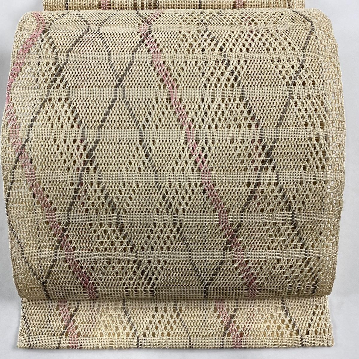 名古屋帯 秀品 八寸名古屋帯 松葉仕立て 夏帯 斜格子 縞 金糸 ベージュ 正絹