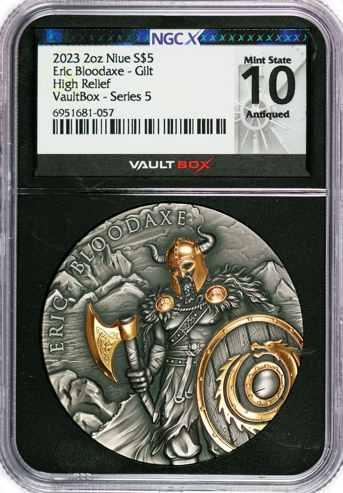 2025 $5 Niue Eric Bloodaxe Gilt High Relief Vault Box Series 5 NGC X MS10 Antiqu