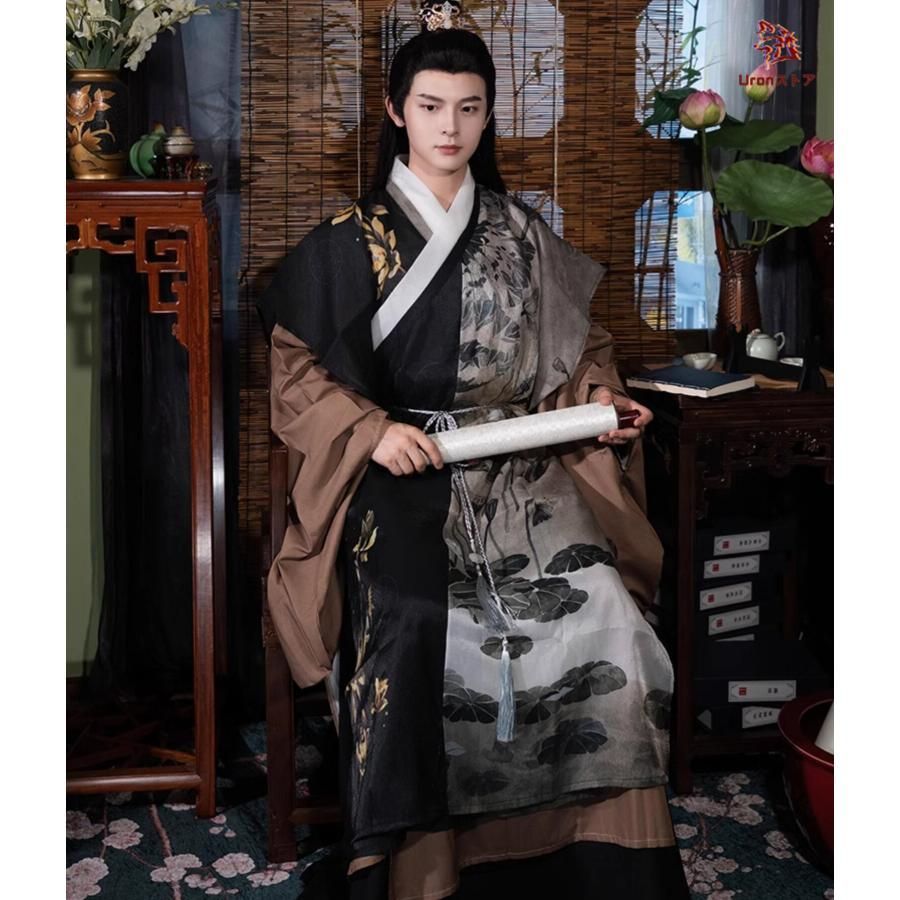 中華コスプレ衣装 大人 男女兼用 明朝 漢服 チャイナ服 振り袖 ロング丈 二重 交差襟 ブラウス 腰紐 山水 水墨 金色の蓮 ハス 道士 僧侶 ロ CS00913BJ WWW_TRAVELLANDINDIA_COM